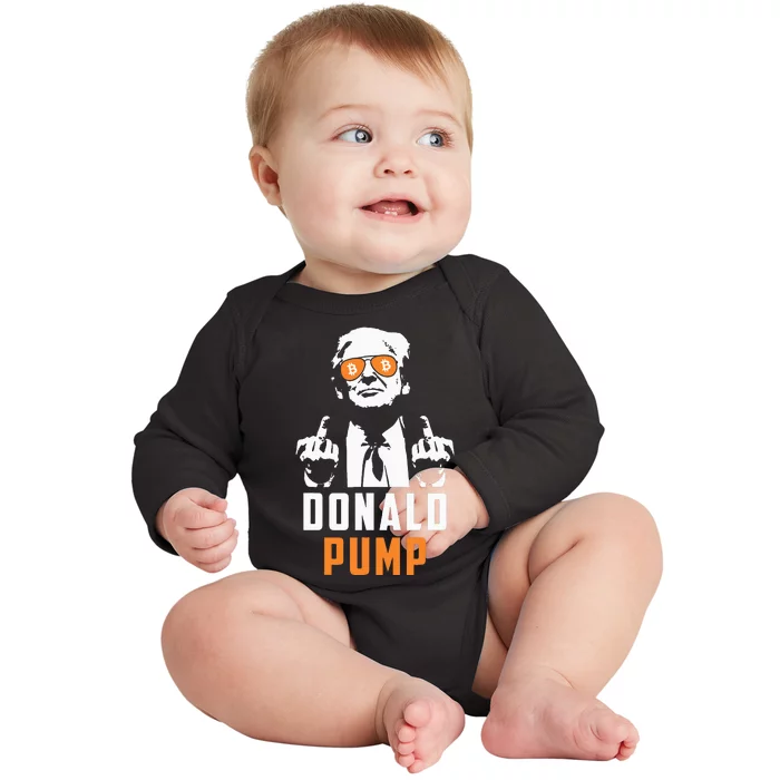 Donald Pump Bitcoin Funny Trump 2024 Crypto American Flag Baby Long Sleeve Bodysuit