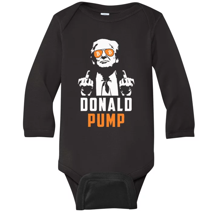 Donald Pump Bitcoin Funny Trump 2024 Crypto American Flag Baby Long Sleeve Bodysuit