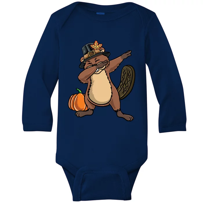 Dabbing Pilgrim Beaver Thanksgiving Meaningful Gift Baby Long Sleeve Bodysuit