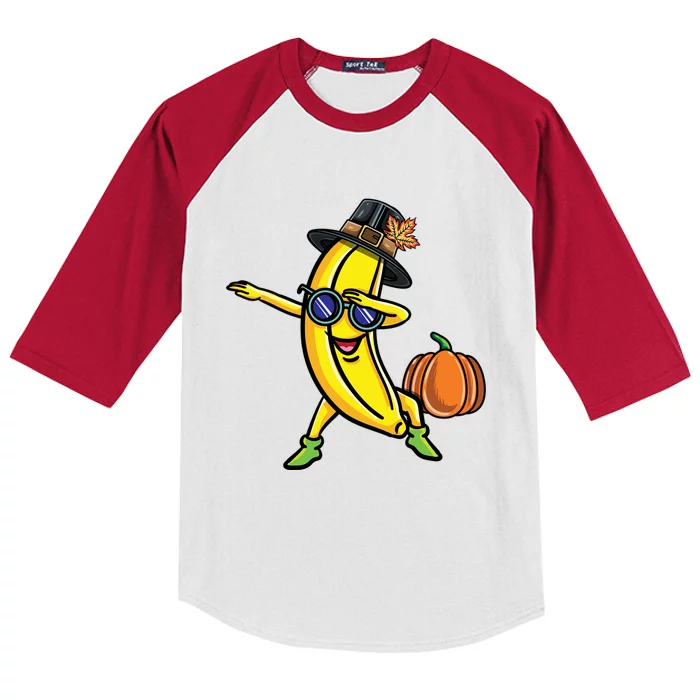 Dabbing Pilgrim Banana Thanksgiving Cute Gift Kids Colorblock Raglan Jersey