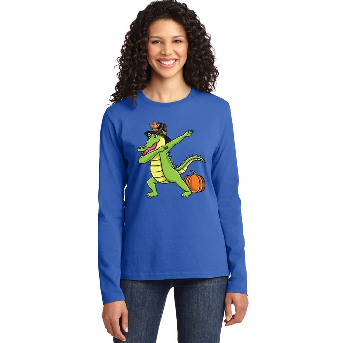 Dabbing Pilgrim Crocodile Thanksgiving Gift Ladies Long Sleeve Shirt