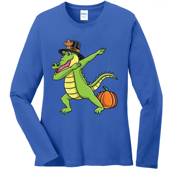 Dabbing Pilgrim Crocodile Thanksgiving Gift Ladies Long Sleeve Shirt