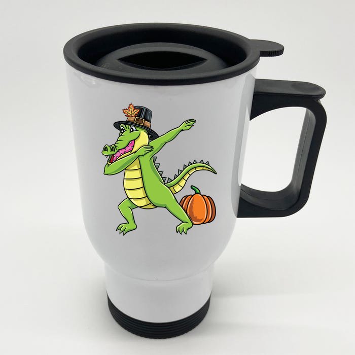 Dabbing Pilgrim Crocodile Thanksgiving Gift Front & Back Stainless Steel Travel Mug