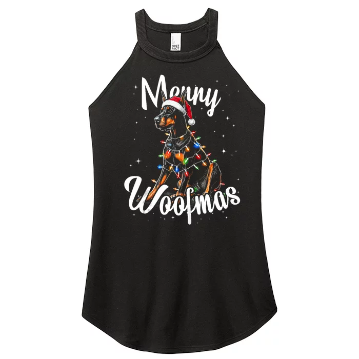 Doberman Pincher Dog Merry Woofmas Christmas Lights Tank Top Women’s Perfect Tri Rocker Tank