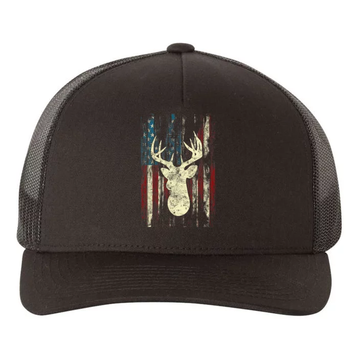 Distressed Patriotic Deer Hunting American flag Yupoong Adult 5-Panel Trucker Hat