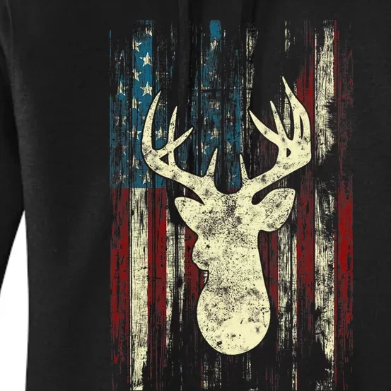 Distressed Patriotic Deer Hunting American flag Women's Pullover Hoodie