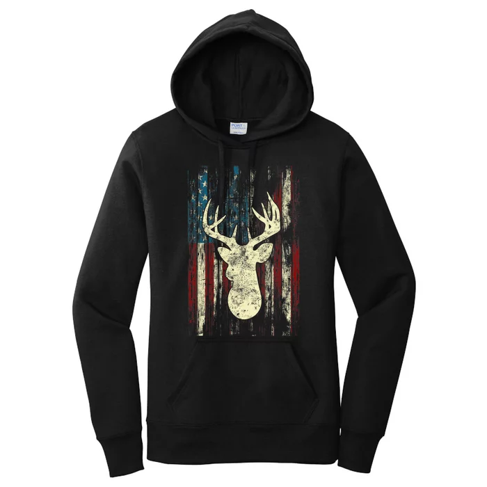 Distressed Patriotic Deer Hunting American flag Women's Pullover Hoodie