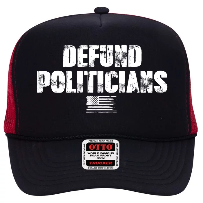 Defund Politicians Distressed Vintage USA Flag High Crown Mesh Trucker Hat