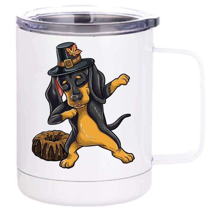 Dabbing Pilgrim Dachshund Pound Cake Thanksgiving Gift Front & Back 12oz Stainless Steel Tumbler Cup