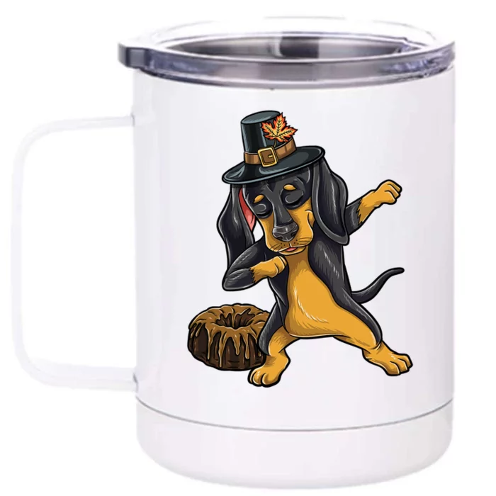 Dabbing Pilgrim Dachshund Pound Cake Thanksgiving Gift Front & Back 12oz Stainless Steel Tumbler Cup