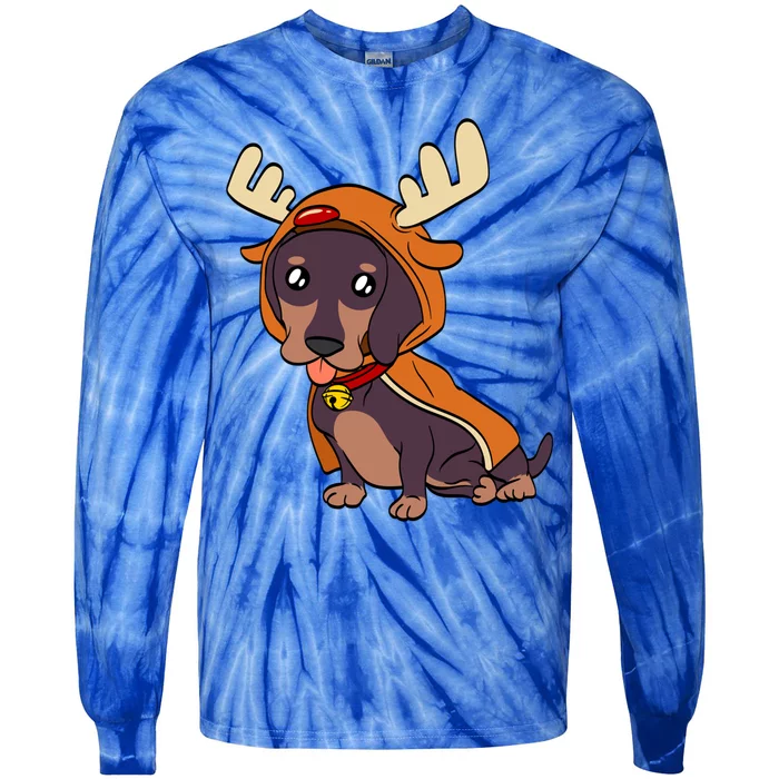 Dachshund Puppy Dressed As Reindeer Dogs Xmas Gift Tie-Dye Long Sleeve Shirt