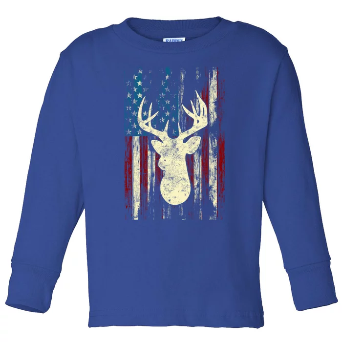 Distressed Patriotic Deer Hunting American Flag Gift Toddler Long Sleeve Shirt