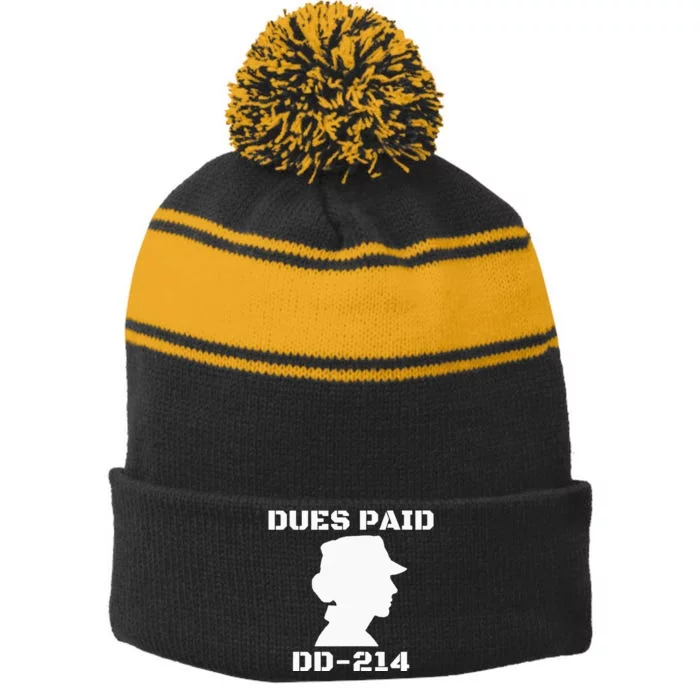 Dues Paid DD214 Female Veterans Day Women Ex Army Soldier Stripe Pom Pom Beanie