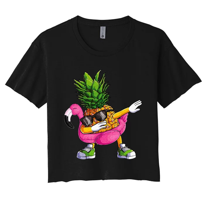 Dabbing Pineapple Flamingo Tropical Aloha Beach Hawaiian Women's Crop Top Tee