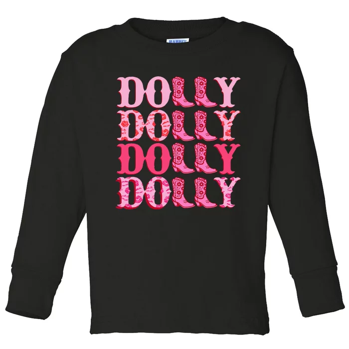 Dolly Personalize First Name Groovy Cowboy Boots Toddler Long Sleeve Shirt