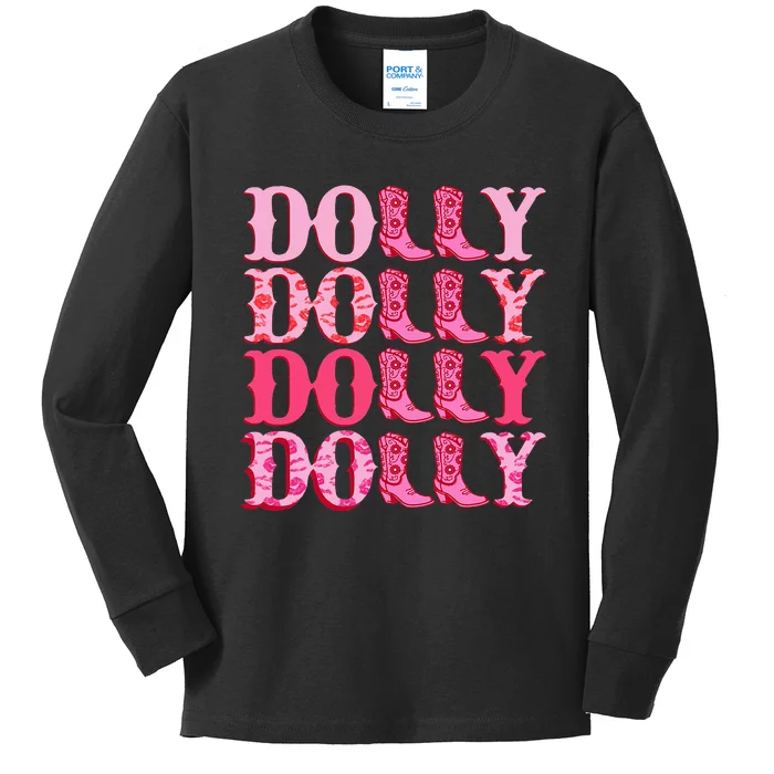 Dolly Personalize First Name Groovy Cowboy Boots Kids Long Sleeve Shirt