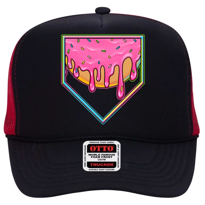 Dripping Pink Frosting Donut Baseball Diamond Home Plate High Crown Mesh Trucker Hat