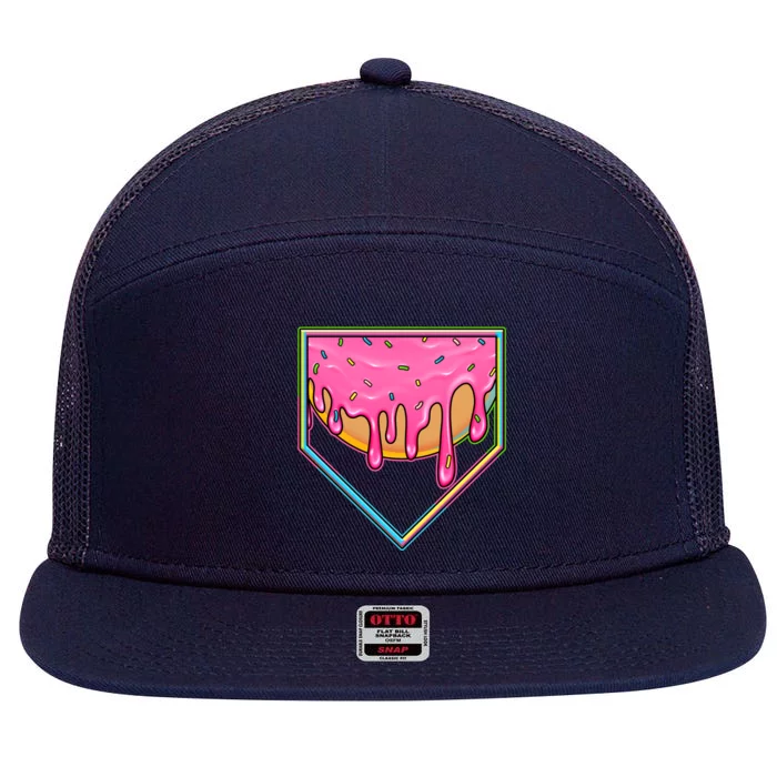 Dripping Pink Frosting Donut Baseball Diamond Home Plate 7 Panel Mesh Trucker Snapback Hat