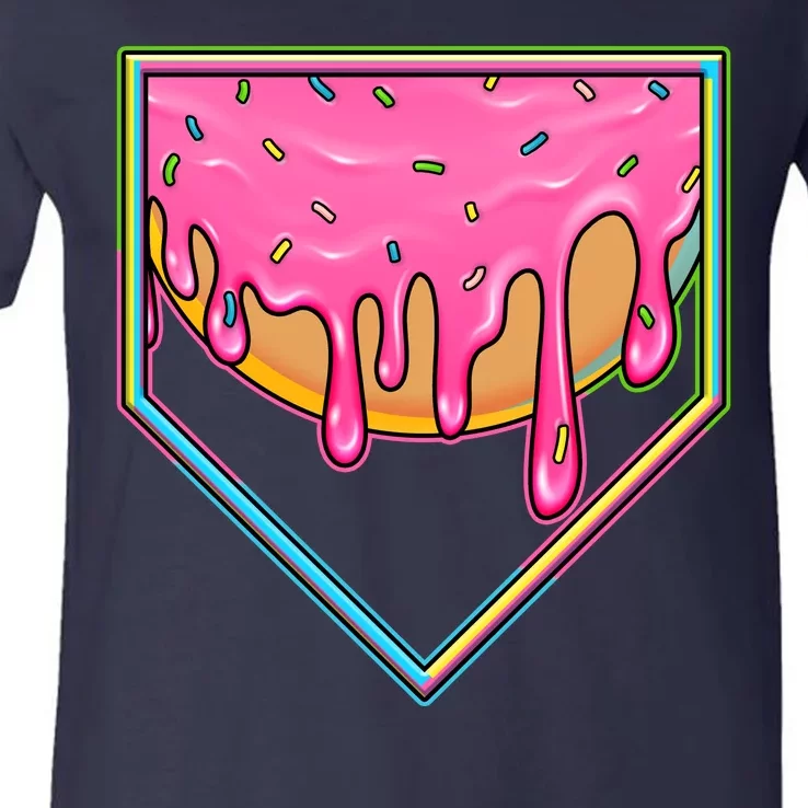 Dripping Pink Frosting Donut Baseball Diamond Home Plate V-Neck T-Shirt