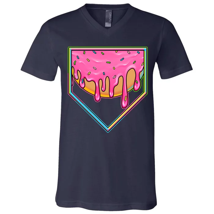 Dripping Pink Frosting Donut Baseball Diamond Home Plate V-Neck T-Shirt