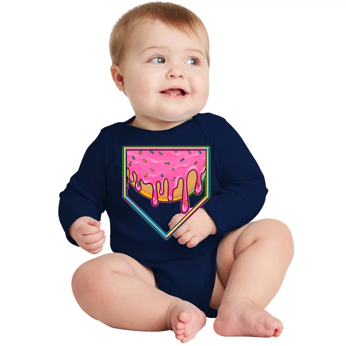 Dripping Pink Frosting Donut Baseball Diamond Home Plate Baby Long Sleeve Bodysuit