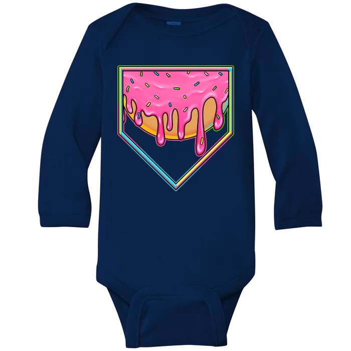 Dripping Pink Frosting Donut Baseball Diamond Home Plate Baby Long Sleeve Bodysuit