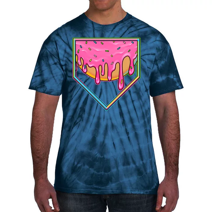 Dripping Pink Frosting Donut Baseball Diamond Home Plate Tie-Dye T-Shirt