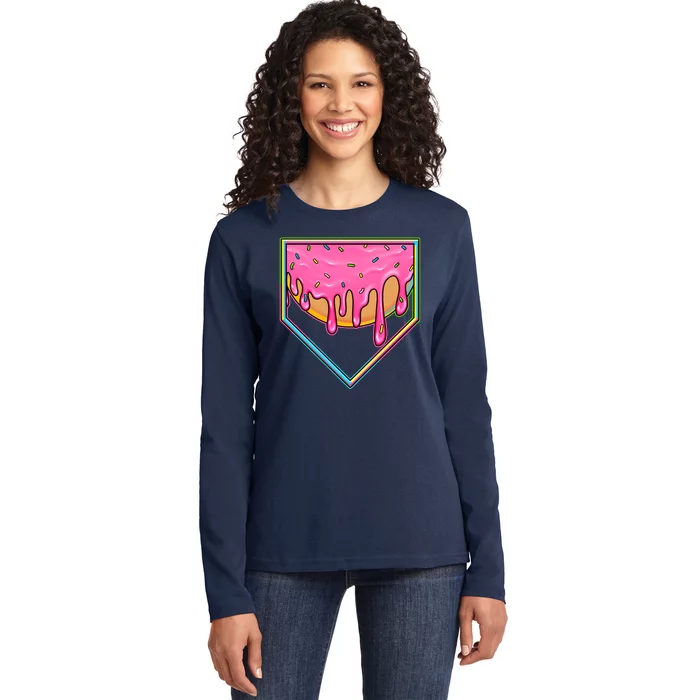 Dripping Pink Frosting Donut Baseball Diamond Home Plate Ladies Long Sleeve Shirt