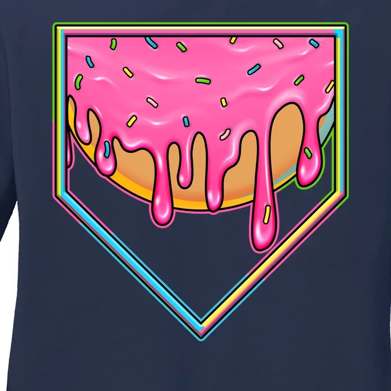 Dripping Pink Frosting Donut Baseball Diamond Home Plate Ladies Long Sleeve Shirt