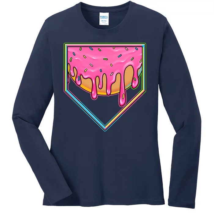 Dripping Pink Frosting Donut Baseball Diamond Home Plate Ladies Long Sleeve Shirt