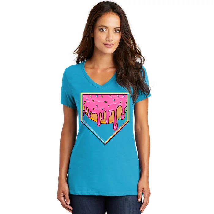 Dripping Pink Frosting Donut Baseball Diamond Home Plate Women's V-Neck T-Shirt