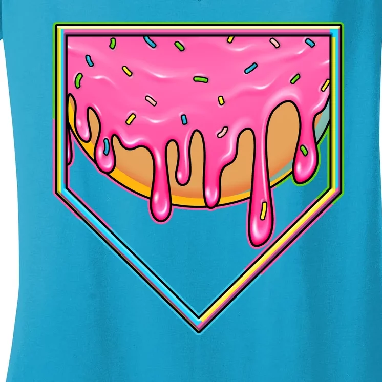 Dripping Pink Frosting Donut Baseball Diamond Home Plate Women's V-Neck T-Shirt