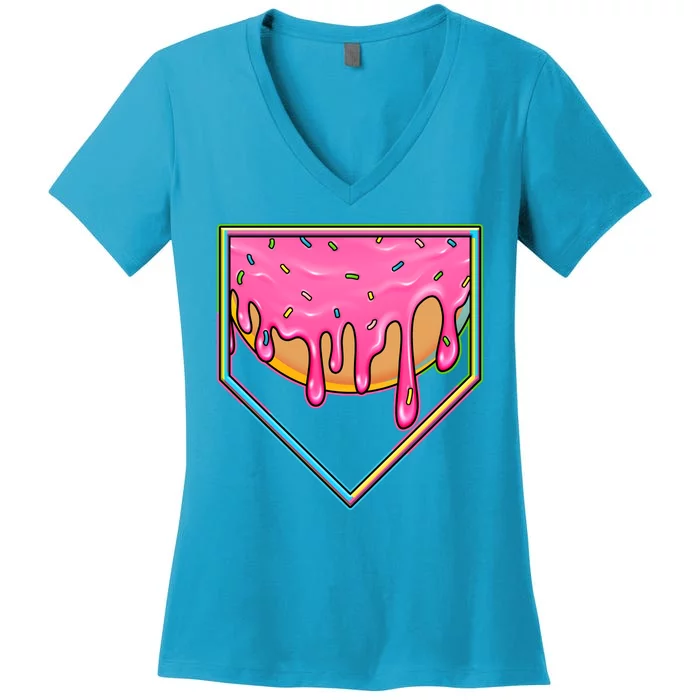 Dripping Pink Frosting Donut Baseball Diamond Home Plate Women's V-Neck T-Shirt