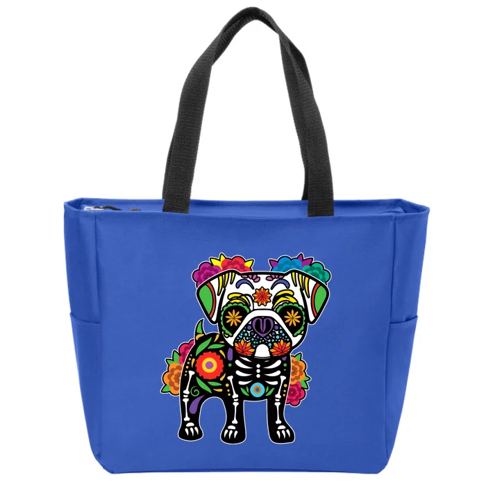 Dog Pug Floral Skeleton Day Of Dead Dia De Los Muertos Zip Tote Bag