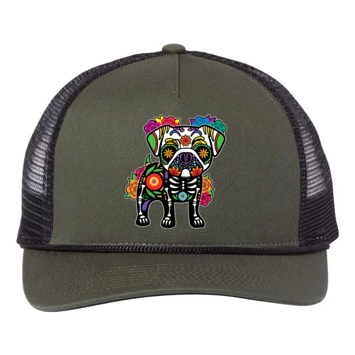 Dog Pug Floral Skeleton Day Of Dead Dia De Los Muertos Retro Rope Trucker Hat Cap