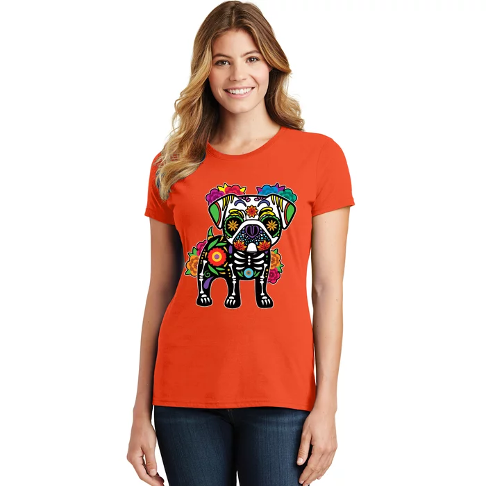 Dog Pug Floral Skeleton Day Of Dead Dia De Los Muertos Women's T-Shirt