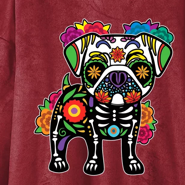 Dog Pug Floral Skeleton Day Of Dead Dia De Los Muertos Hooded Wearable Blanket