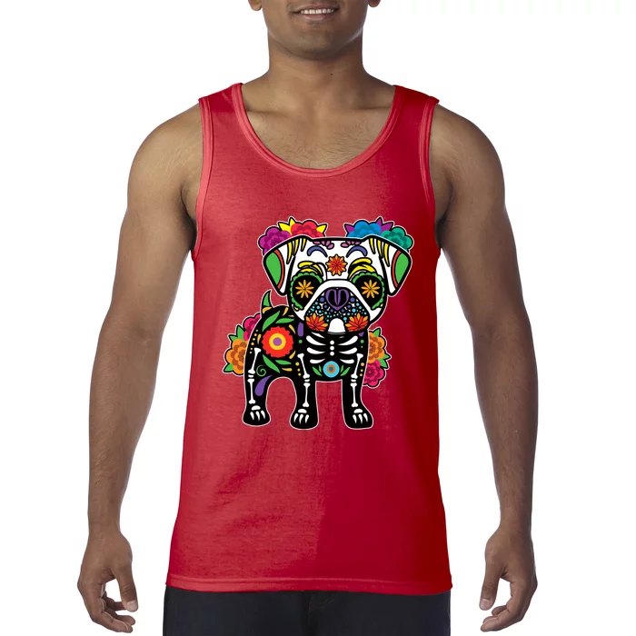 Dog Pug Floral Skeleton Day Of Dead Dia De Los Muertos Tank Top