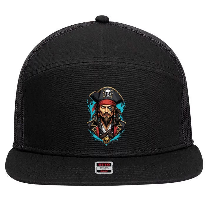 Detailed Pirate Face 7 Panel Mesh Trucker Snapback Hat