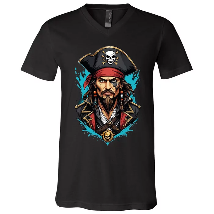 Detailed Pirate Face V-Neck T-Shirt