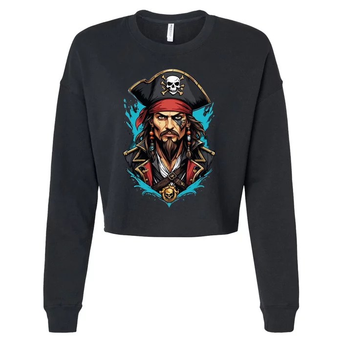 Detailed Pirate Face Cropped Pullover Crew