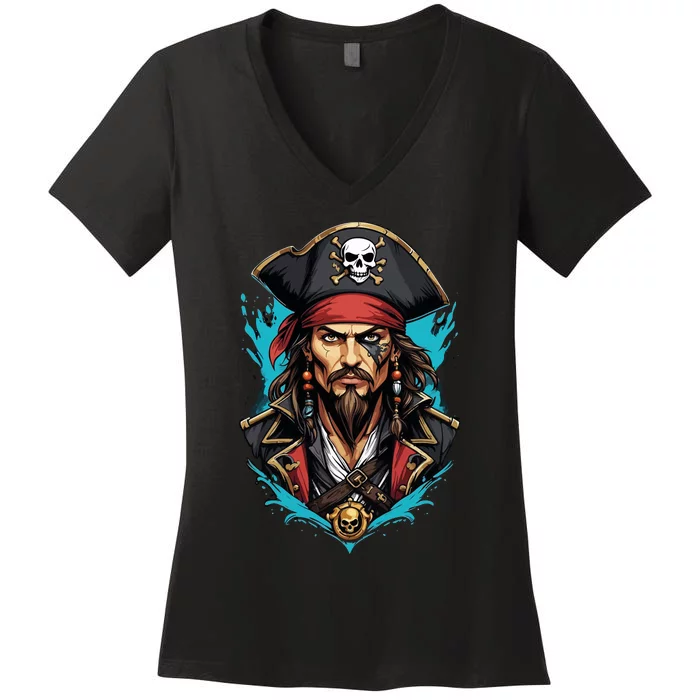 Detailed Pirate Face Women's V-Neck T-Shirt