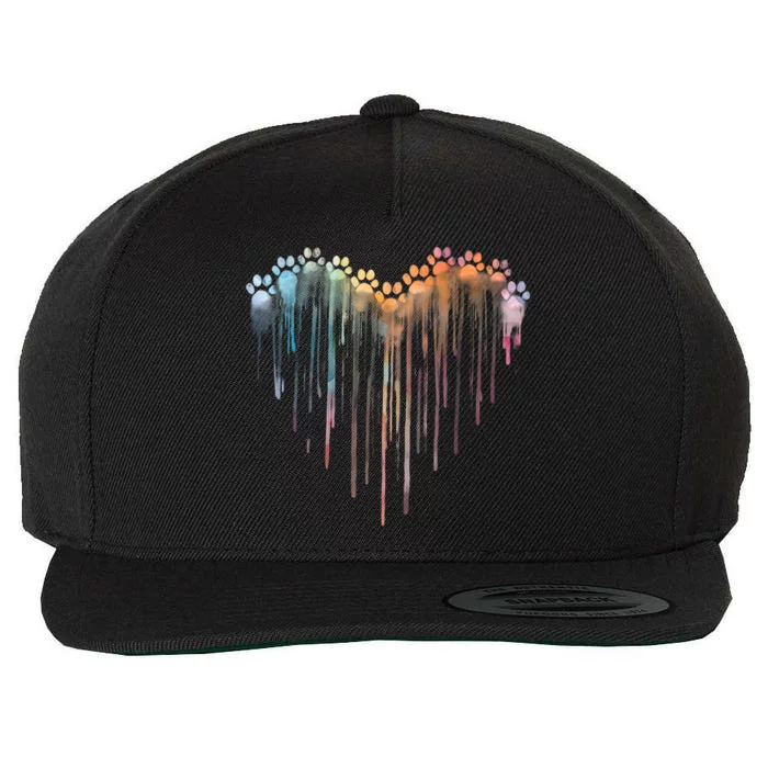 Dog Paws Heart Colorful. Watercolor Heart Dogs Paw Rainbow Wool Snapback Cap