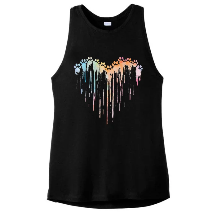 Dog Paws Heart Colorful. Watercolor Heart Dogs Paw Rainbow Ladies Tri-Blend Wicking Tank