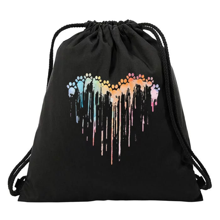 Dog Paws Heart Colorful. Watercolor Heart Dogs Paw Rainbow Drawstring Bag