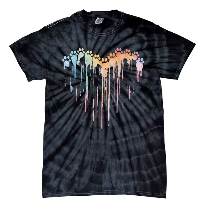 Dog Paws Heart Colorful. Watercolor Heart Dogs Paw Rainbow Tie-Dye T-Shirt