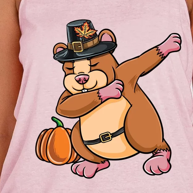 Dabbing Pilgrim Hamster Thanksgiving Funny Gift Women's Knotted Racerback Tank