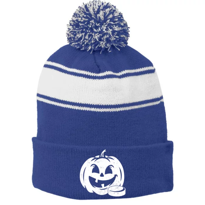 Distressed Pumpkin Hockey Halloween Hockey Player Gift Stripe Pom Pom Beanie