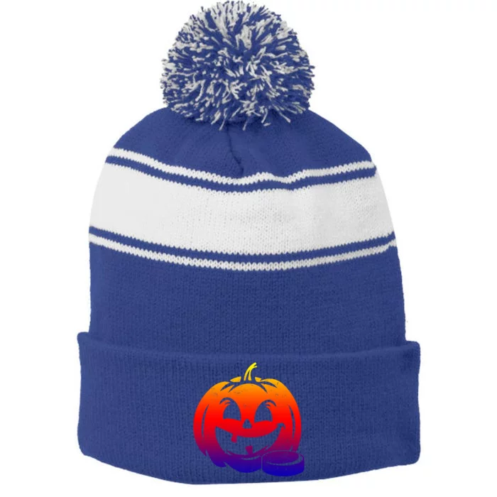 Distressed Pumpkin Hockey Halloween Hockey Player Gift Stripe Pom Pom Beanie