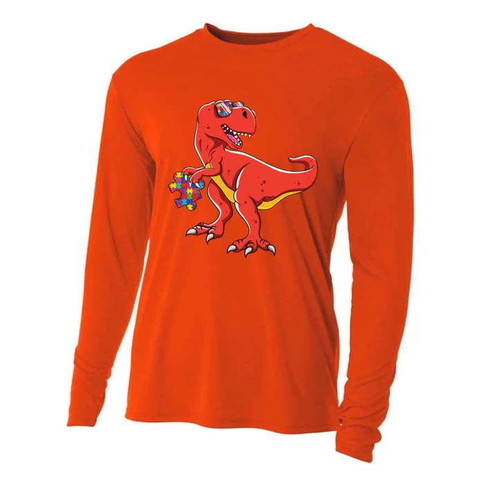 Dinosaur Puzzle In April Support Love Autism Awareness Meaningful Gift Cooling Performance Long Sleeve Crew